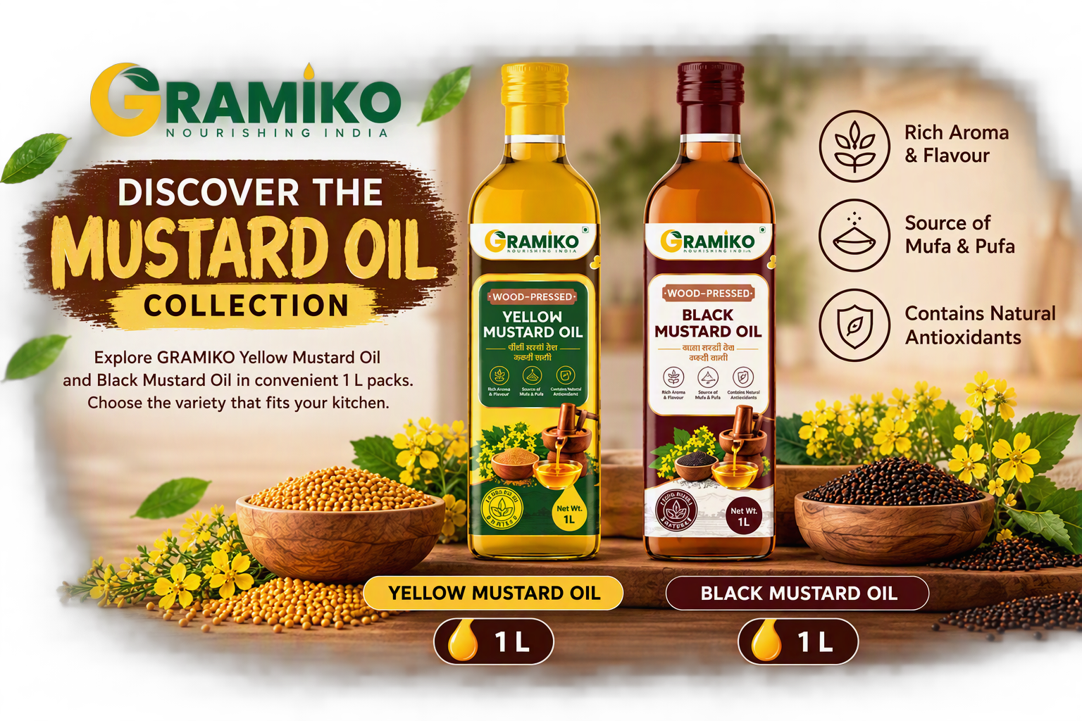 🌾 Gramiko Sarson Shakti Combo | Traditional Yellow & Black Sarson Oil (1L+1L)